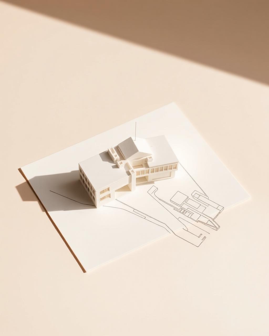Architectural model and line drawings on off-white paper