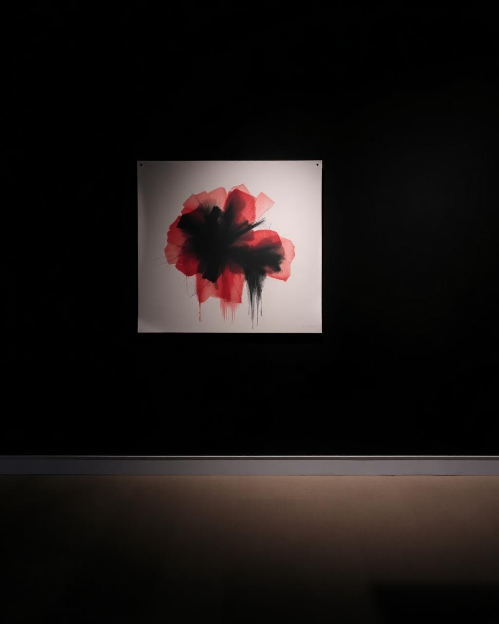 Charcoal and red artwork on a dark gallery wall